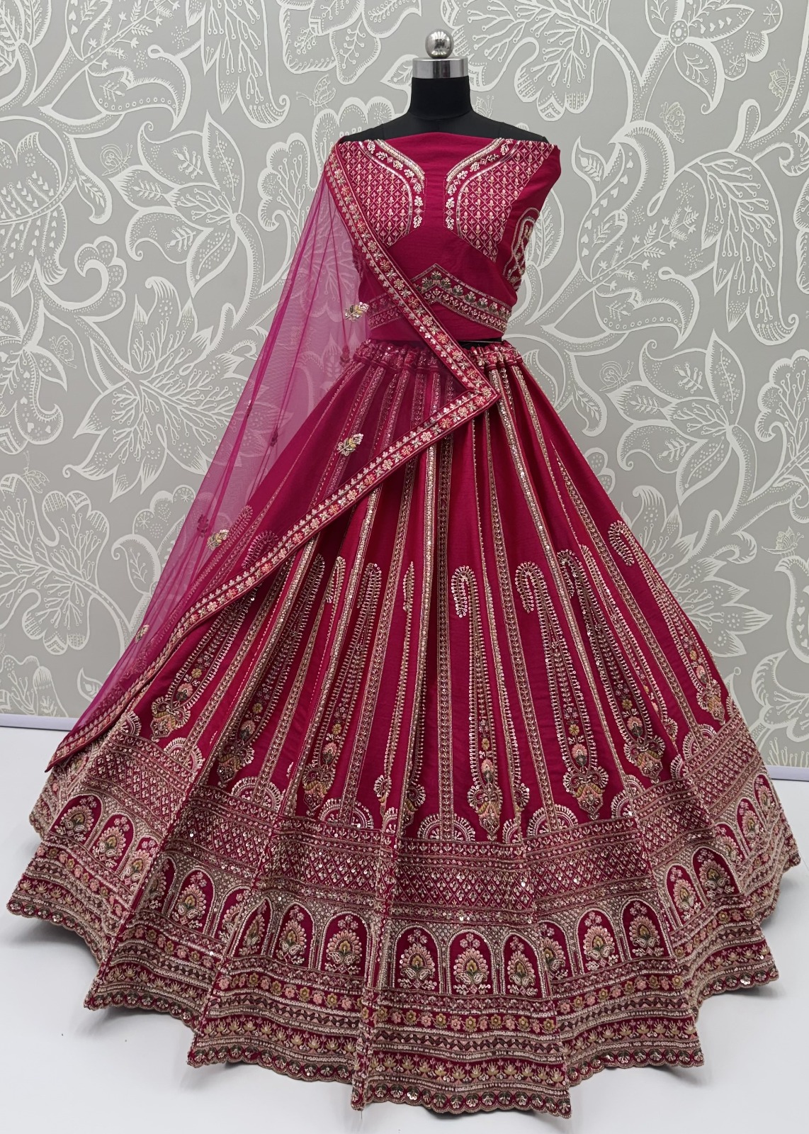 Rani-Pink Silk Floral Pattern using Beads, Golden Sequins-Thread Handwork Bridal Semi-Stitched Lehenga Choli